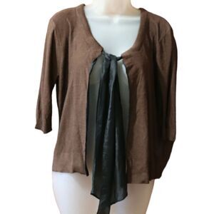 DKNY Brown & Black Silk Cardigan Bolero Wrap Sweater M/L Pussycat Bow Tie Front